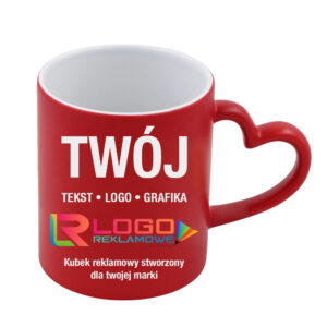 Kubki reklamowe czerwony matowy – magiczne z uchem w kształcie serca, 330 ml