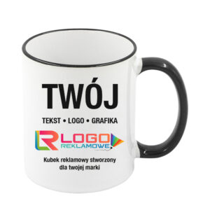 Kubki reklamowe – białe z czarnym rantem i uchem, 330 ml