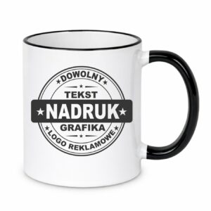 Kubki reklamowe – białe z czarnym rantem i uchem, 330 ml
