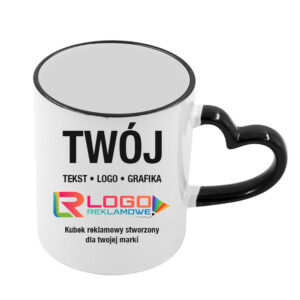 Kubki reklamowe – białe z czarnym rantem i uchem w kształcie serca, 330 ml