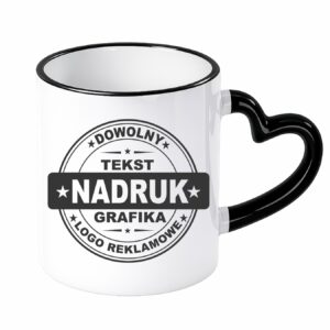 Kubki reklamowe – białe z czarnym rantem i uchem w kształcie serca, 330 ml