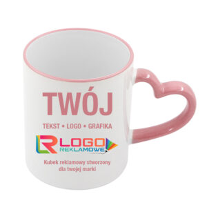Kubki reklamowe – białe z różowym rantem i uchem w kształcie serca, 330 ml