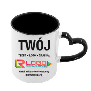 Kubki reklamowe – białe z czarnym wnętrzem i uchem w kształcie serca, 330 ml