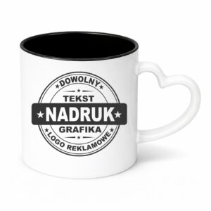 Kubki reklamowe – białe z czarnym wnętrzem i uchem w kształcie serca, 330 ml