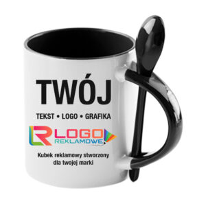 Kubki reklamowe – białe z czarnym wnętrzem, uchem i łyżeczką, 330 ml