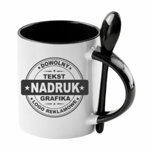Kubki reklamowe – białe z czarnym wnętrzem, uchem i łyżeczką, 330 ml