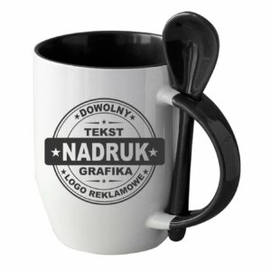 Kubki reklamowe – białe z czarnym wnętrzem, uchem i łyżeczką, 350 ml