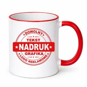 Kubki reklamowe – białe z czerwonym rantem i uchem, 330 ml
