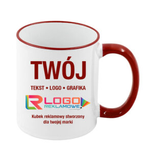 Kubki reklamowe – białe z czerwonym rantem i uchem, 330 ml