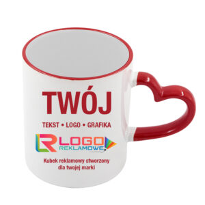 Kubki reklamowe – białe z czerwonym rantem i uchem w kształcie serca, 330 ml