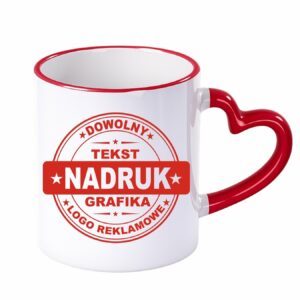 Kubki reklamowe – białe z czerwonym rantem i uchem w kształcie serca, 330 ml