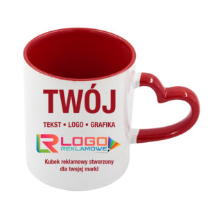 Kubki reklamowe – białe z czerwonym wnętrzem i uchem w kształcie serca, 330 ml