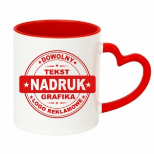 Kubki reklamowe białe z czerwonym wnętrzem i uchem serce 330 ml