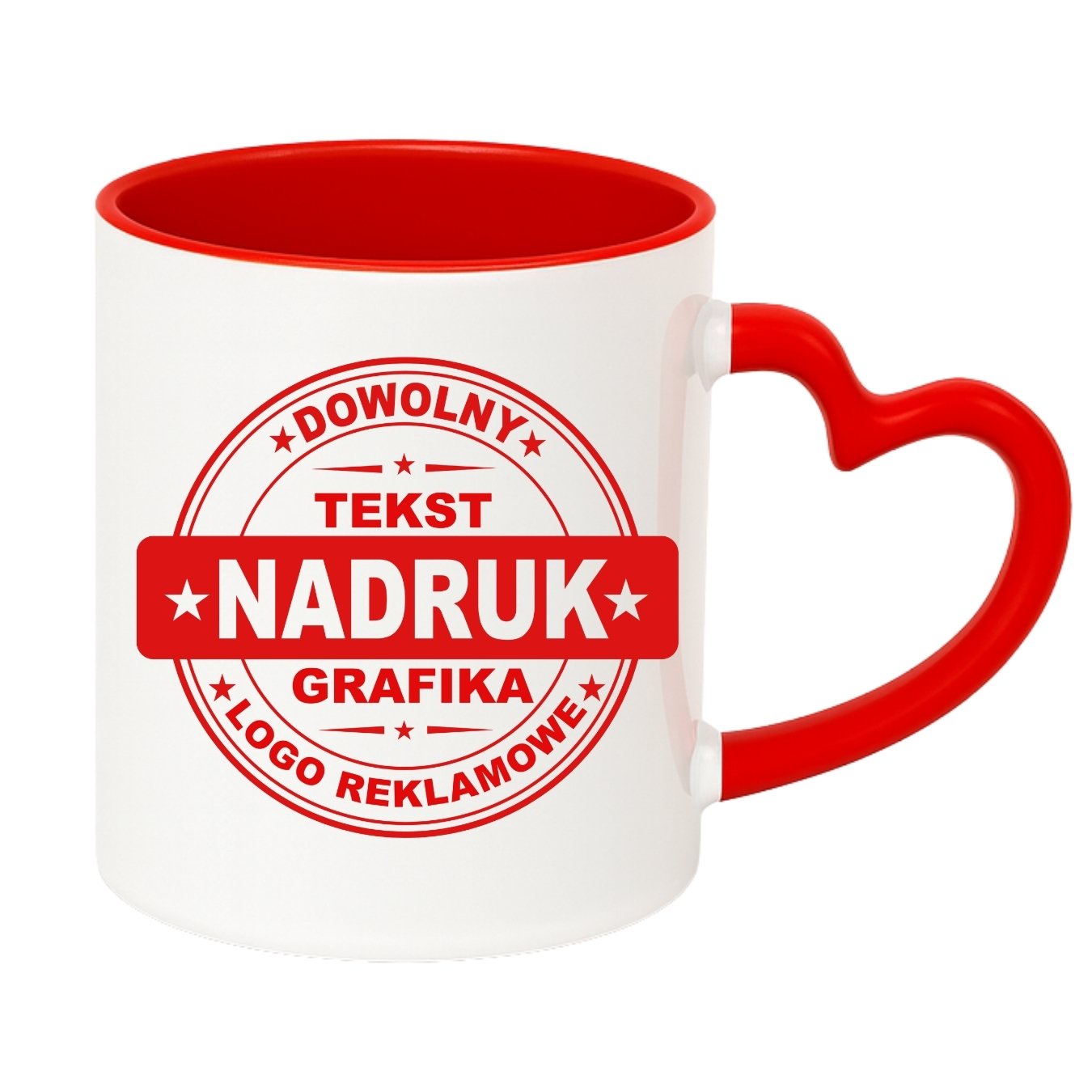 Kubki reklamowe – białe z czerwonym wnętrzem i uchem w kształcie serca, 330 ml