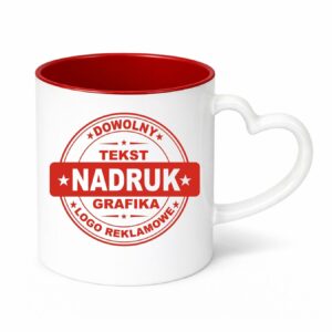 Kubki reklamowe – białe z czerwonym wnętrzem i uchem w kształcie serca, 330 ml