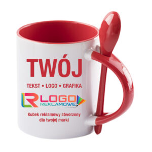 Kubki reklamowe – białe z czerwonym wnętrzem, uchem i łyżeczką, 330 ml