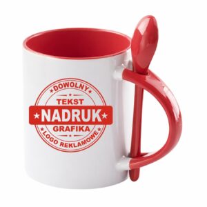 Kubki reklamowe – białe z czerwonym wnętrzem, uchem i łyżeczką, 330 ml