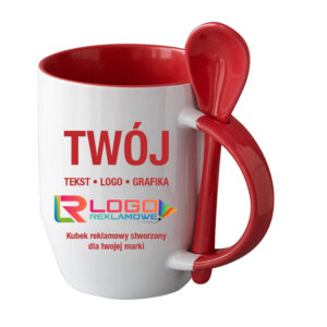 Kubki reklamowe – białe z czerwonym wnętrzem, uchem i łyżeczką, 350 ml