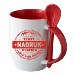 Kubki reklamowe – białe z czerwonym wnętrzem, uchem i łyżeczką, 350 ml