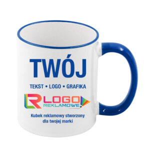 Kubki reklamowe – białe z niebieskim rantem i uchem, 330 ml