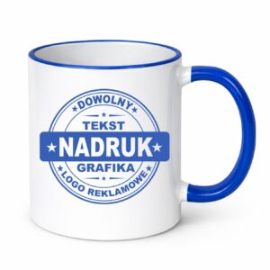 Kubki reklamowe – białe z niebieskim rantem i uchem, 330 ml