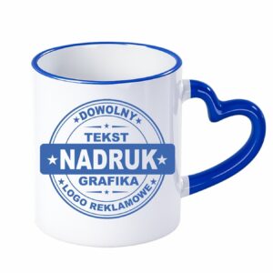 Kubki reklamowe – białe z niebieskim rantem i uchem w kształcie serca, 330 ml