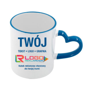 Kubki reklamowe – białe z niebieskim rantem i uchem w kształcie serca, 330 ml