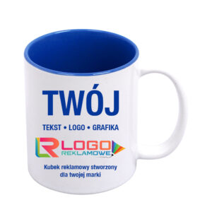 Kubki reklamowe – białe z niebieskim wnętrzem, 330 ml