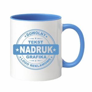 Kubki reklamowe – białe z niebieskim wnętrzem i uchem, 330 ml