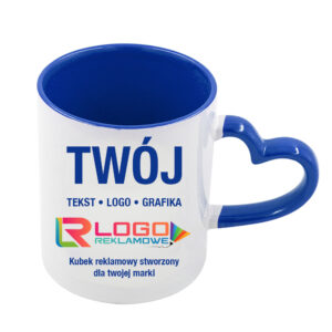 Kubki reklamowe – białe z niebieskim wnętrzem i uchem w kształcie serca, 330 ml