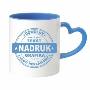 Kubki reklamowe białe z niebieskim wnętrzem i uchem serce 330 ml
