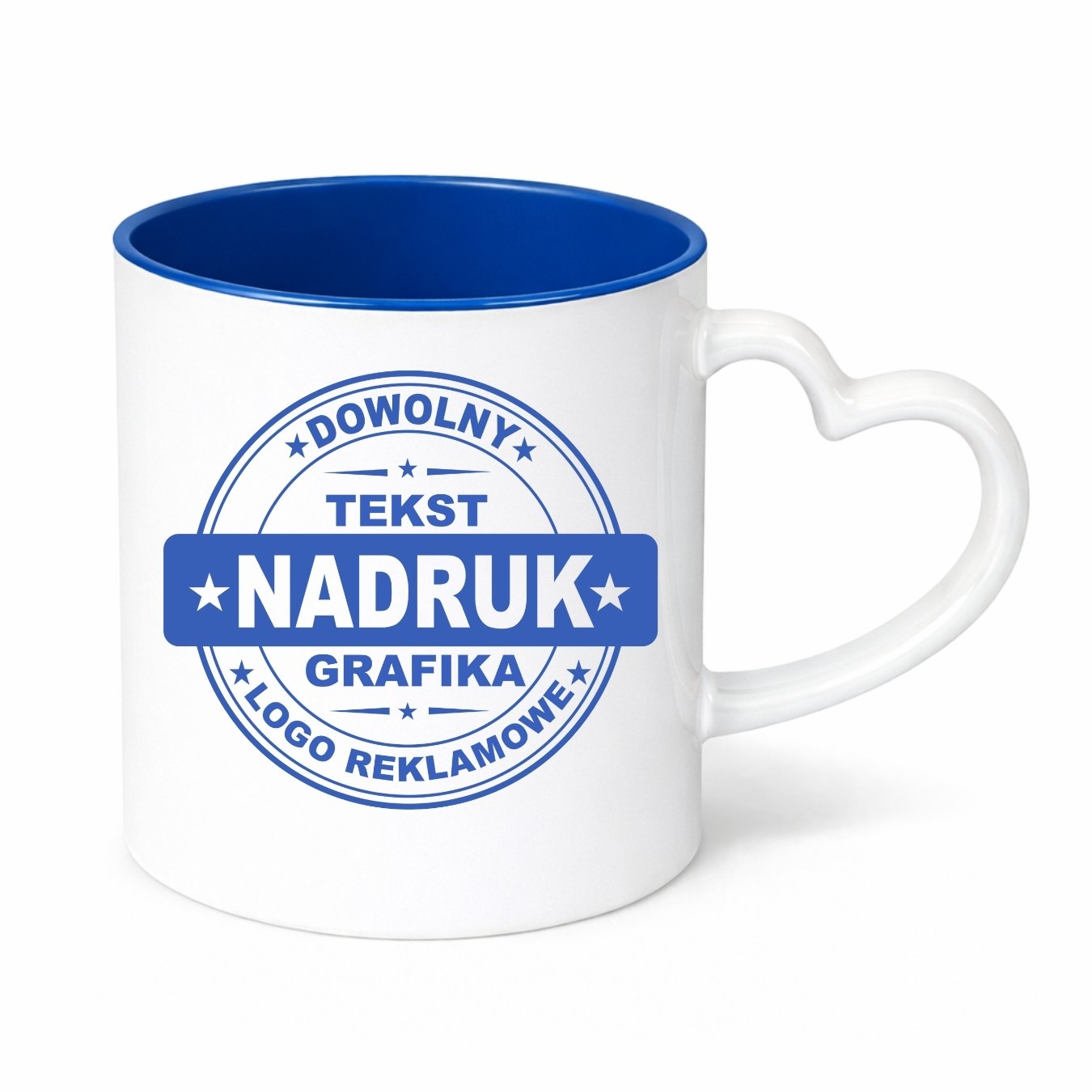 Kubki reklamowe – białe z niebieskim wnętrzem i uchem w kształcie serca, 330 ml