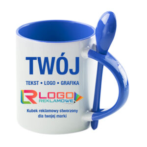 Kubki reklamowe – białe z niebieskim wnętrzem, uchem i łyżeczką, 330 ml