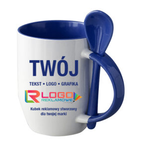 Kubki reklamowe – białe z niebieskim wnętrzem, uchem i łyżeczką, 350 ml