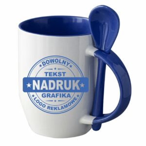 Kubki reklamowe – białe z niebieskim wnętrzem, uchem i łyżeczką, 350 ml