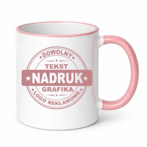 Kubki reklamowe – białe z różowym rantem i uchem, 330 ml