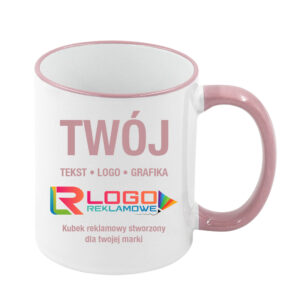 Kubki reklamowe – białe z różowym rantem i uchem, 330 ml