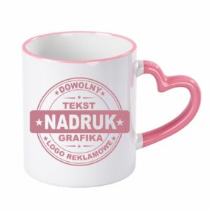 Kubki reklamowe – białe z różowym rantem i uchem w kształcie serca, 330 ml