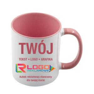 Kubki reklamowe – białe z różowym wnętrzem i uchem, 330 ml