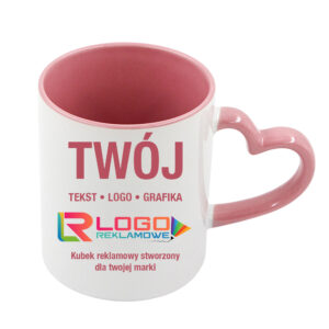 Kubki reklamowe – białe z różowym wnętrzem i uchem w kształcie serca, 330 ml