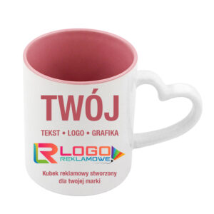 Kubki reklamowe – białe z różowym wnętrzem i uchem w kształcie serca, 330 ml