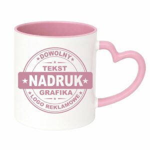 Kubki reklamowe – białe z różowym wnętrzem i uchem w kształcie serca, 330 ml