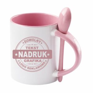 Kubki reklamowe – białe z różowym wnętrzem, uchem i łyżeczką, 330 ml