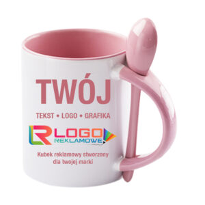 Kubki reklamowe – białe z różowym wnętrzem, uchem i łyżeczką, 330 ml