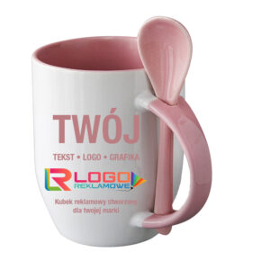 Kubki reklamowe – białe z różowym wnętrzem, uchem i łyżeczką, 350 ml
