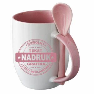 Kubki reklamowe – białe z różowym wnętrzem, uchem i łyżeczką, 350 ml